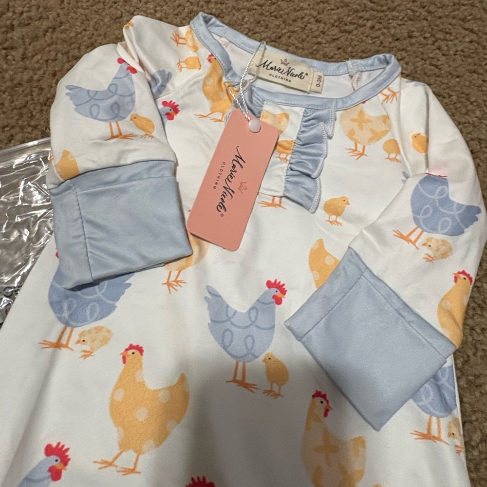 Marie Nicole Hen Print Pajama one piece set in Light Blue and Yellow